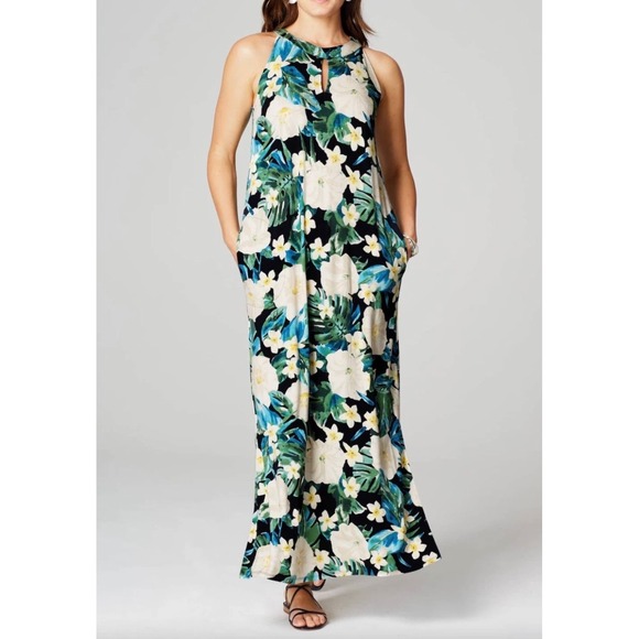 J. Jill Dresses & Skirts - J. Jill Halter Maxi Dress Size L Sleeveless Tropical Floral Pockets Stretchy